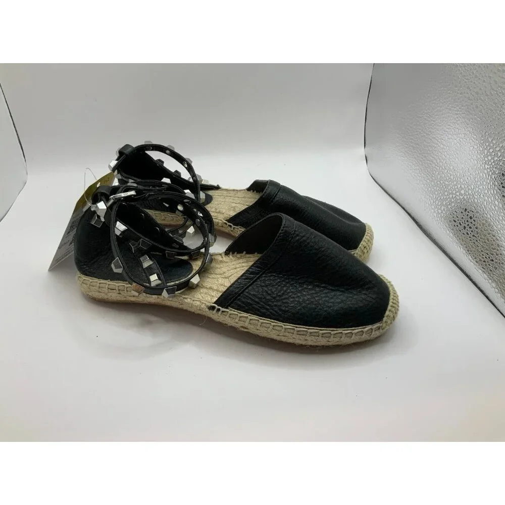 Rebecca Minkoff Black Leather Studded Strap Espadrilles Flats, Size 6
